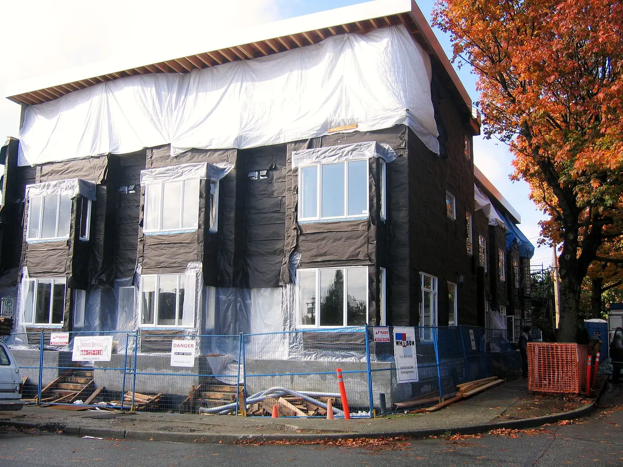 Building wrapped for weather protection